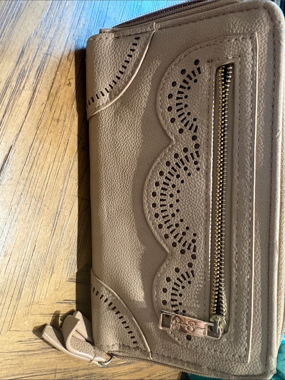 Jessica Simpson Taupe Laser-Cut Wallet Clutch with Tassel Zipper